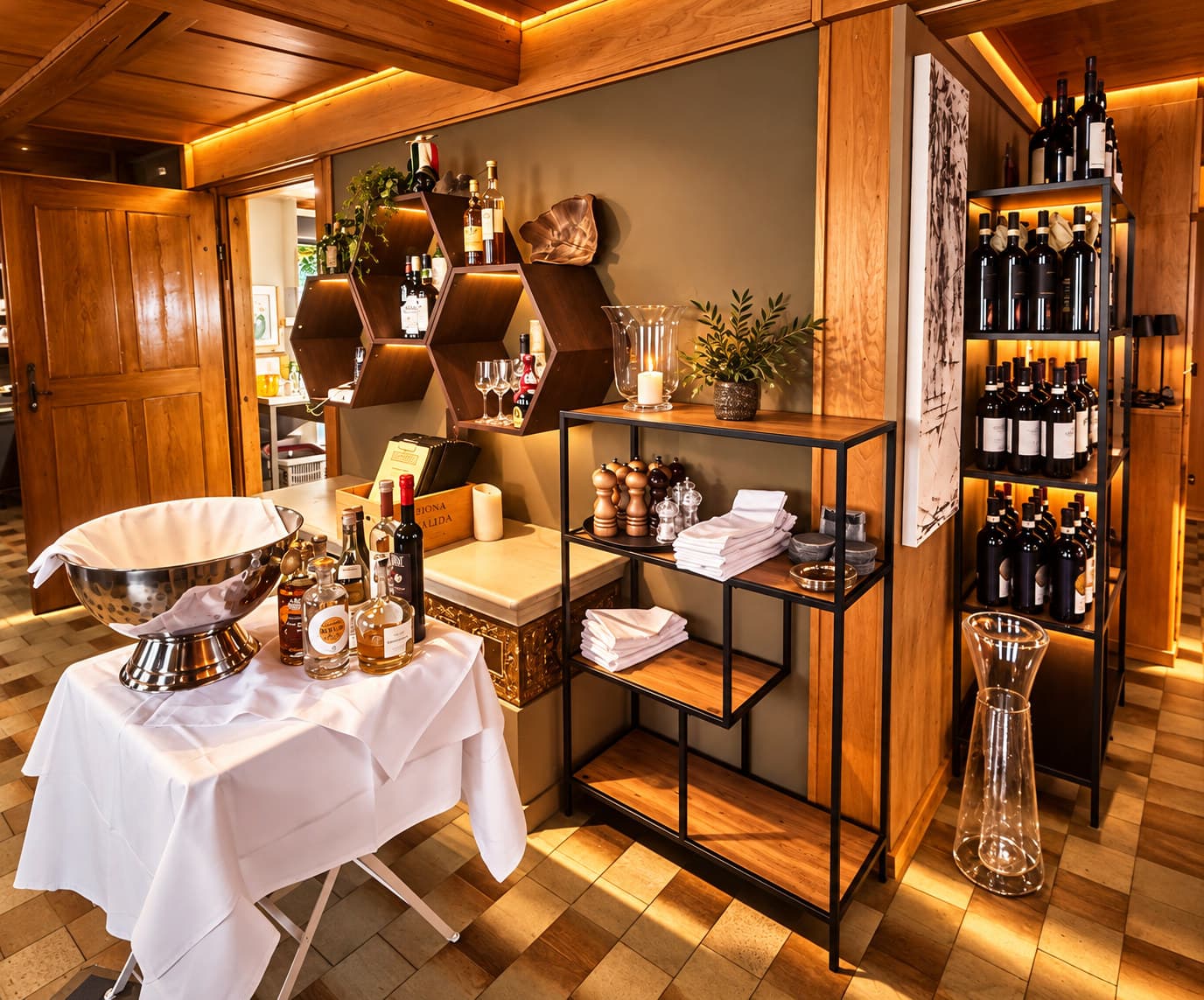 Servicebereich mit Wabenregal, Weinregalen und einem Tisch mit Sektkühler