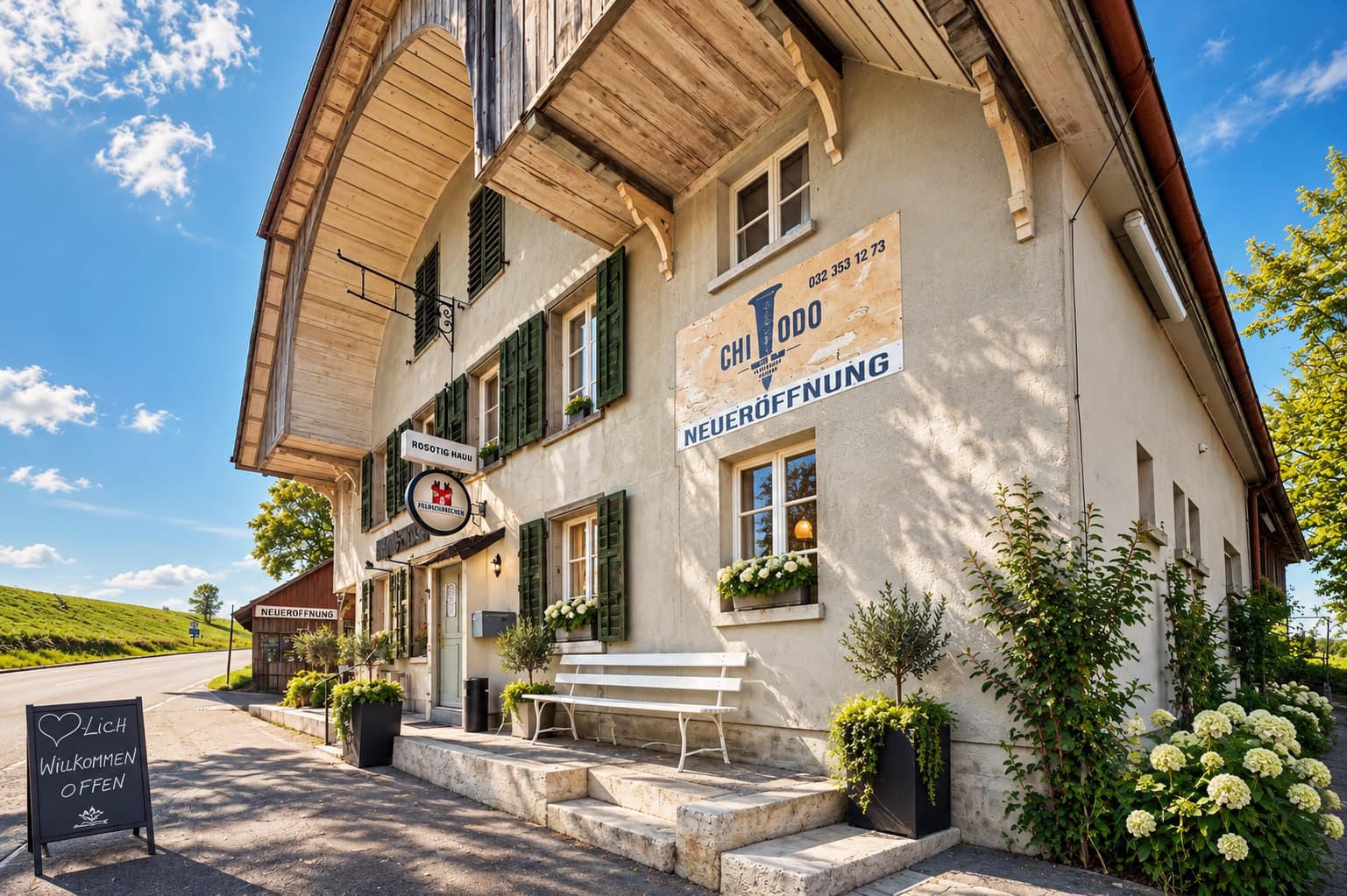 Aussenansicht des Restaurants an der Bernstrasse 62 in Schnottwil mit CHIODO-Banner