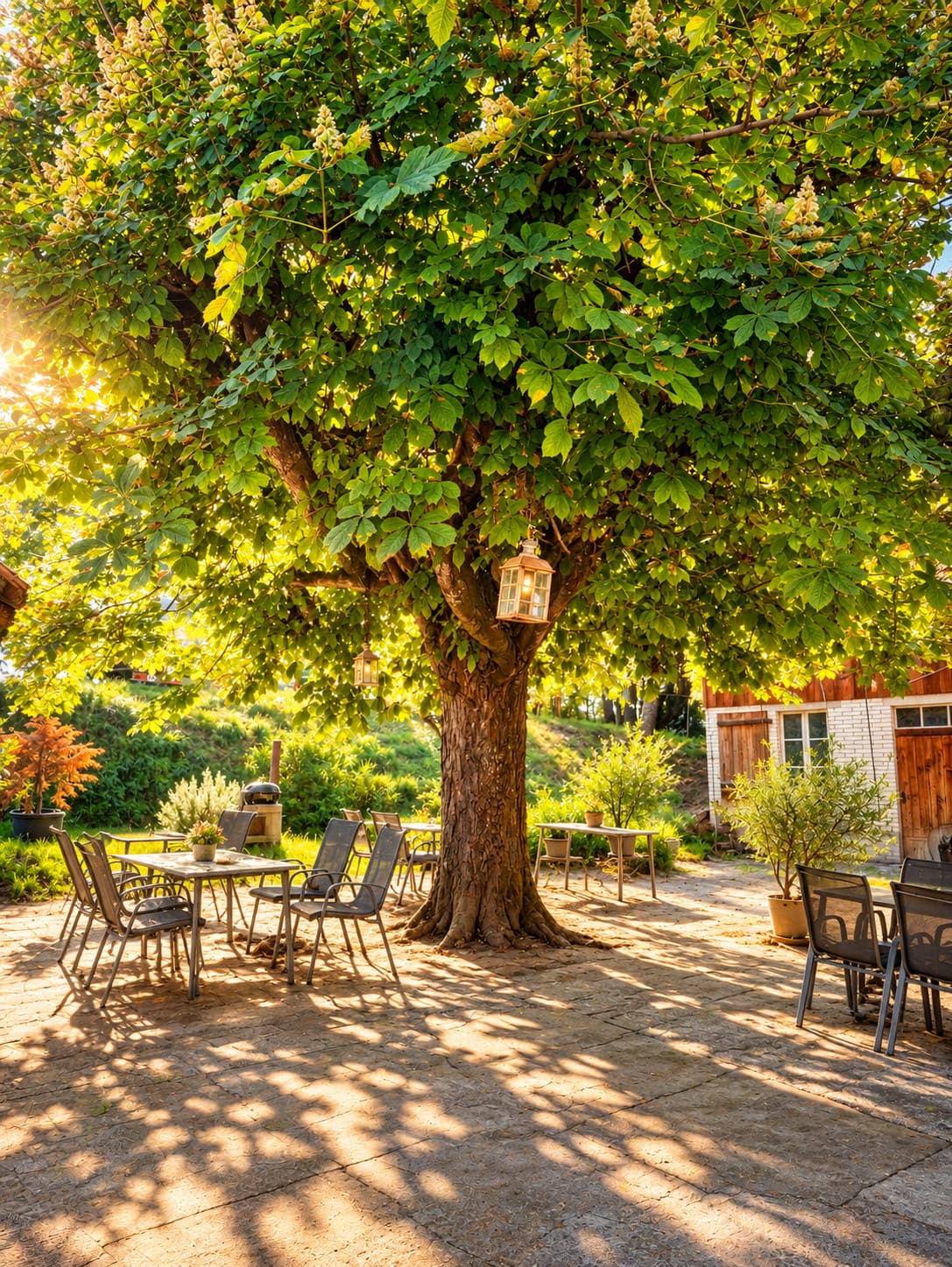 Gartenplätze mit Tischen und Stühlen im Schatten eines grossen Baumes
